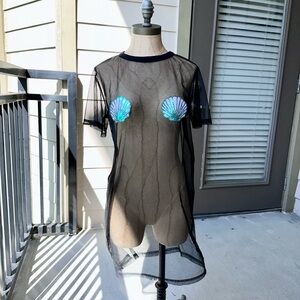 Black Sheer Mesh Dress with Shell Accents